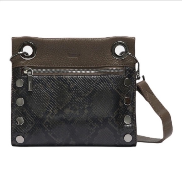 Hammitt Tony Small Crossbody Bag – Olivine Snake Leather, Adjustable Strap, 7.75" X 7", Black